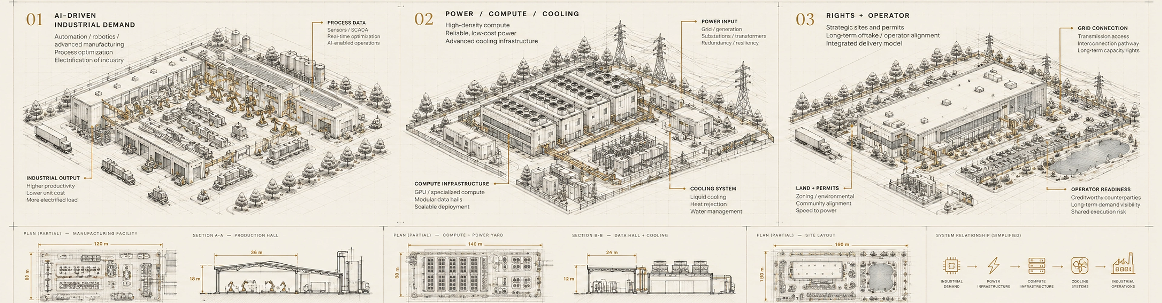 Illustrative axonometric systems study linking AI-driven industrial demand, physical power and compute infrastructure, and conditional site rights and operator responsibilities.